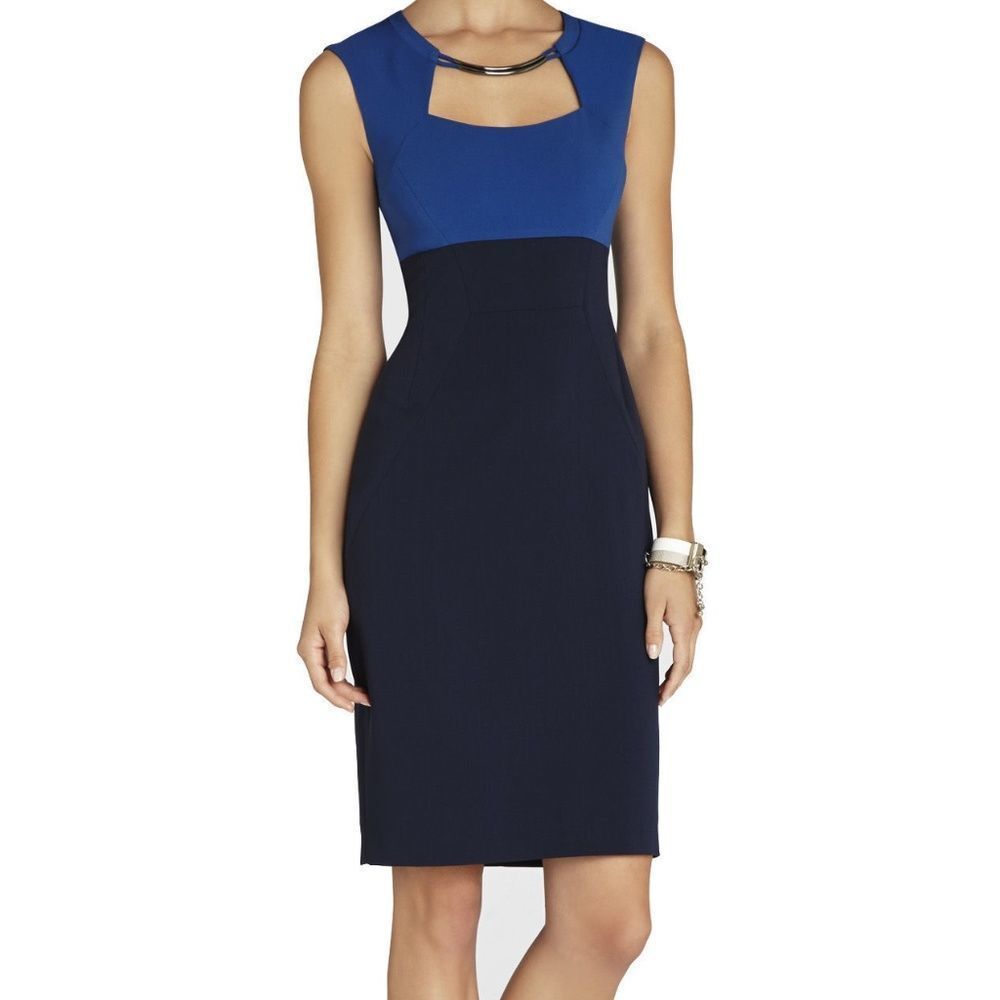 2 BCBGMaxAzria Black Blue Clara Color Blocked Sheath Dress Gold Necklace Pencil